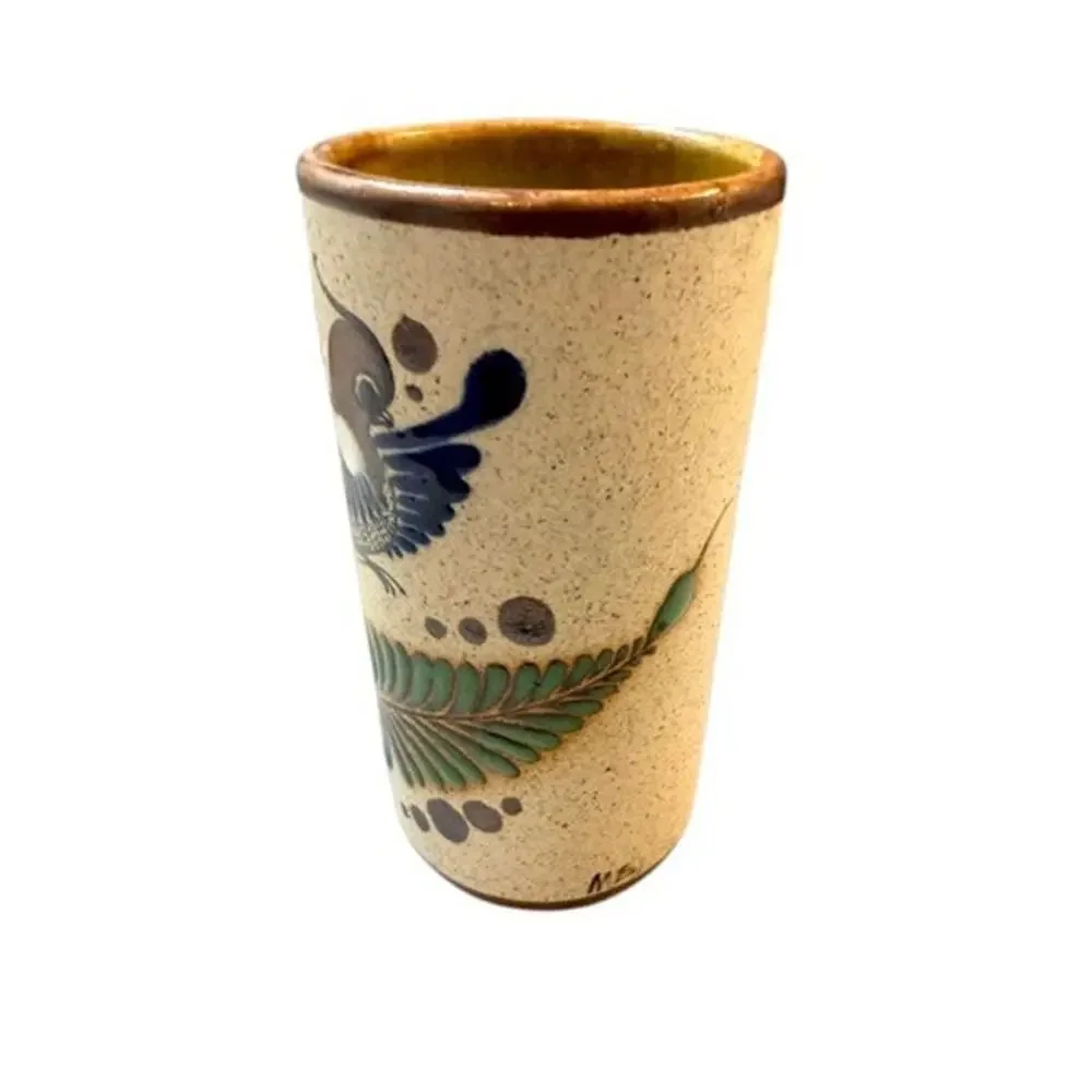 Vintage Hand-Painted Studio Pottery Tumbler / Vase – Bird & Botanical Motif